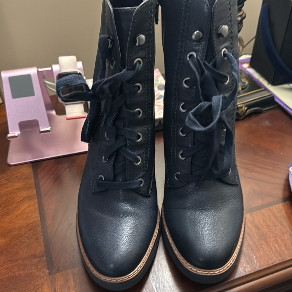 Wide width blue leather ankle boot